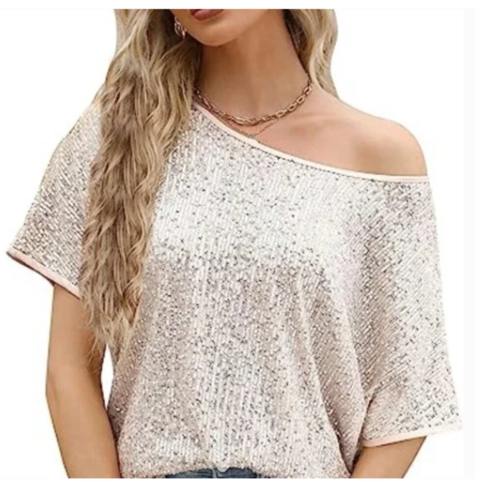 Sequin Tops Sparkly Glitter Blouse Sequined Short Sleeve Shirt Size L NWT